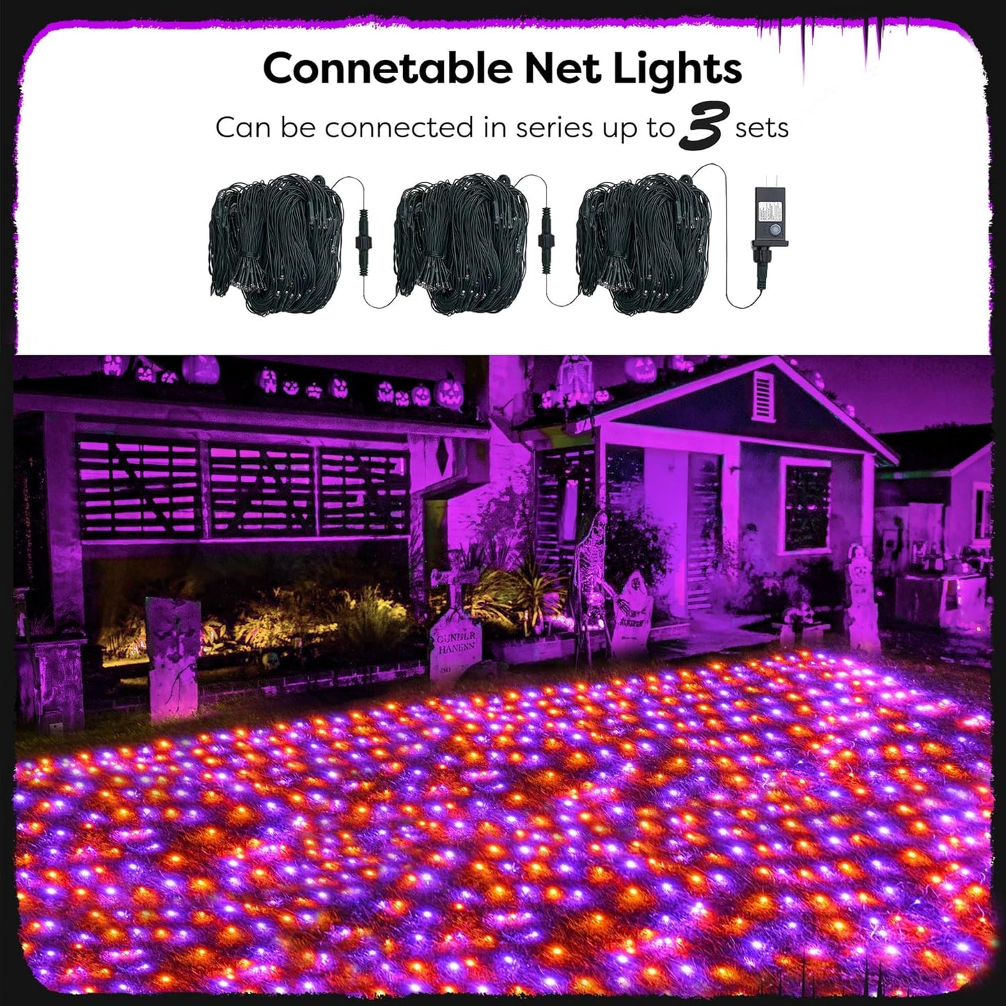 WBao Halloween Lights Outdoor 360LED 11.5ft x 6.9ft Halloween Net Lights with 8 Modes, Timer, Connectable, Waterproof & Dark Green Wire for Lawn, Bushes Outdoor Holiday Decorations, Orange Purple