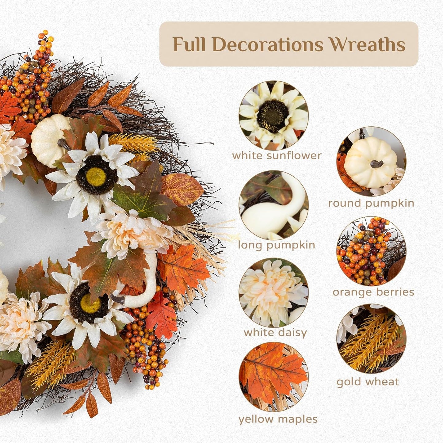Fall Wreaths for Front Door Decor - Walasis 20 Inch Thanksgiving Wreath with Maple Leaves White Pumpkin Daisy Sunflower Wreath Autumn Harvest Decorations for Table Front Porch