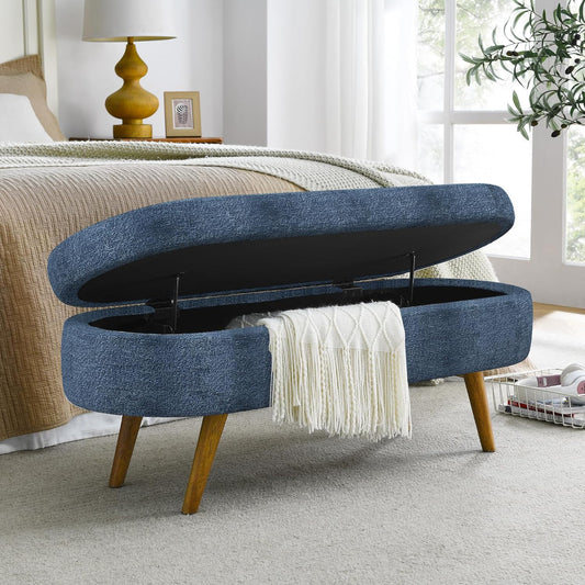 Oval Storage Bench 43.5" Linen Fabric Upholstered Entryway Bench with Solid Wood Legs Ottoman Bench Indoor Bench for Living Room/Bedroom/End of Bed/Entryway (Blue)