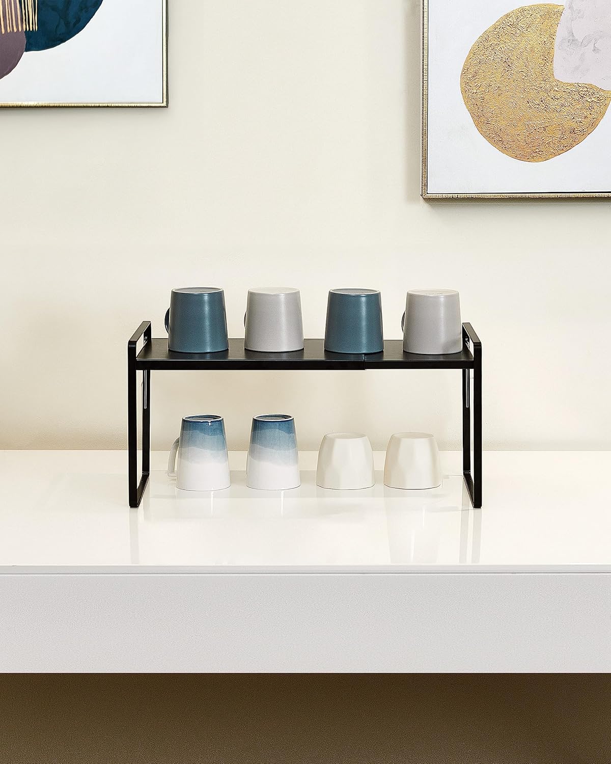 Nxconsu Cabinet Shelf Expandable Height Adjustable Shelf Organizer Riser for Kitchen Cabinet Pantry Cupboard Under Sink Countertop Organization Storage Space Saver Stackable Heavy Duty Metal Black XXL