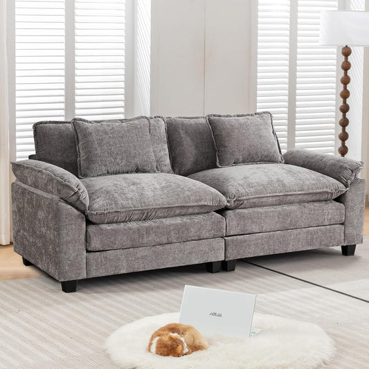 URRED Modular Sectional Sofa Comfy Cloud Couch, Modern Chenille Sofa Sleeper Deep Seat Couches with Ottoman/Pillows for Living Room (Gray, 82.6'')