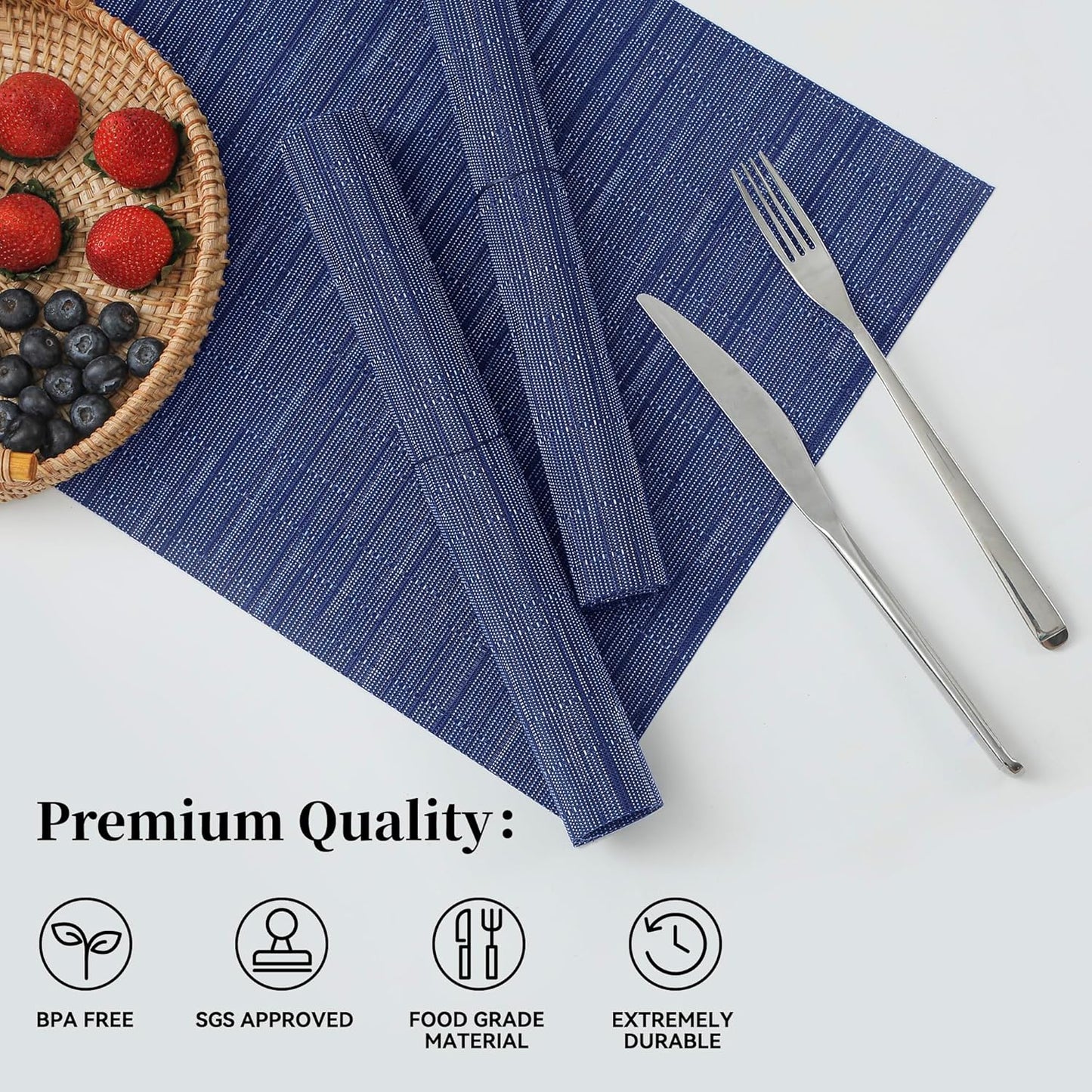 Leetaltree Blue Placemats Set of 4 - Heat Resistant Non-Slip Place mats for Dining Table, Washable Durable PVC Vinyl Woven Table Mats（Blue, 4）