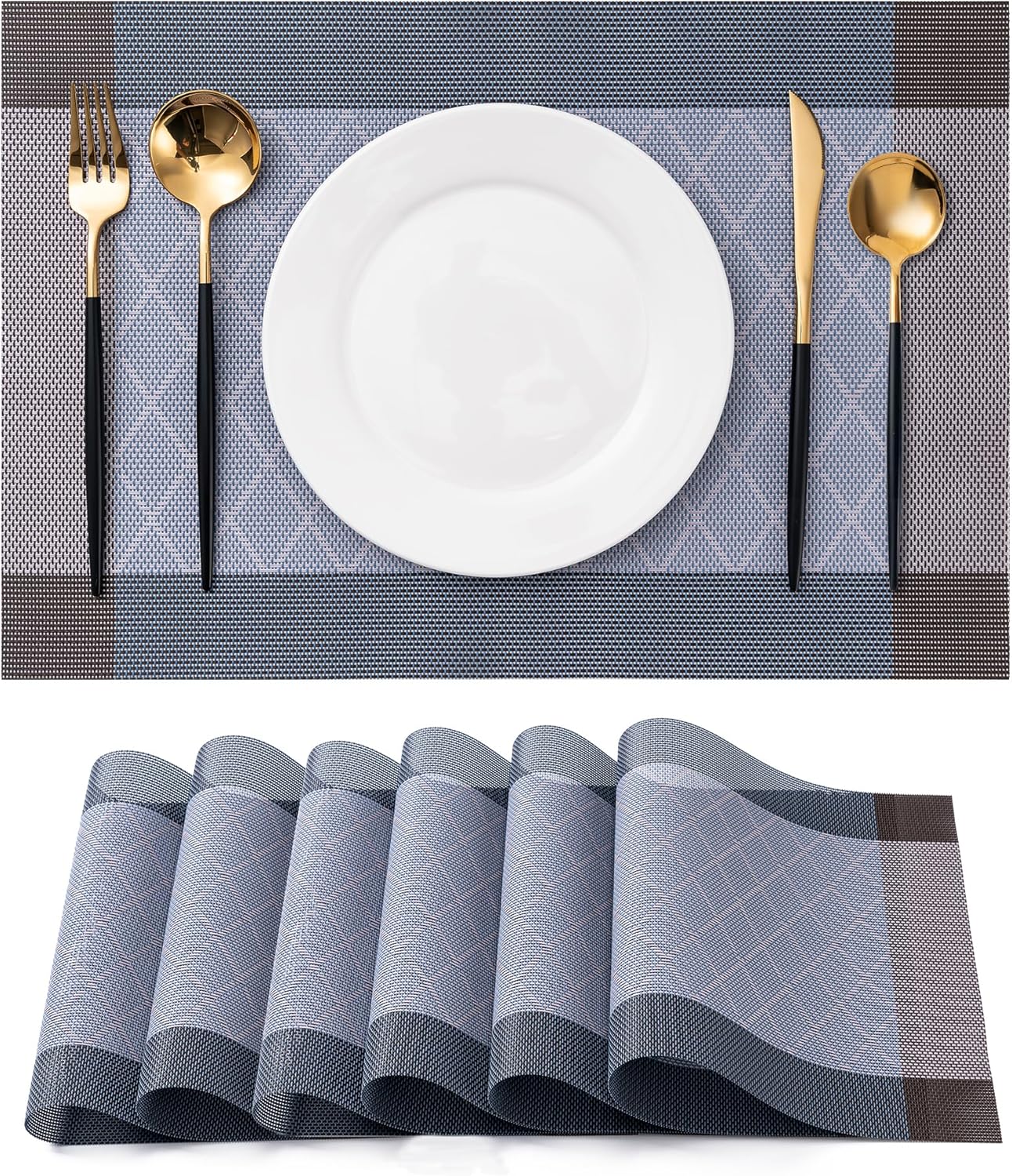 CADONO Placemats Set of 6 Washable Indoor/Outdoor Vinyl Place Mats for Dining Table Durable Non-Slip Heat Resistant PVC Weave Table Mats（Rhombus-Blue）