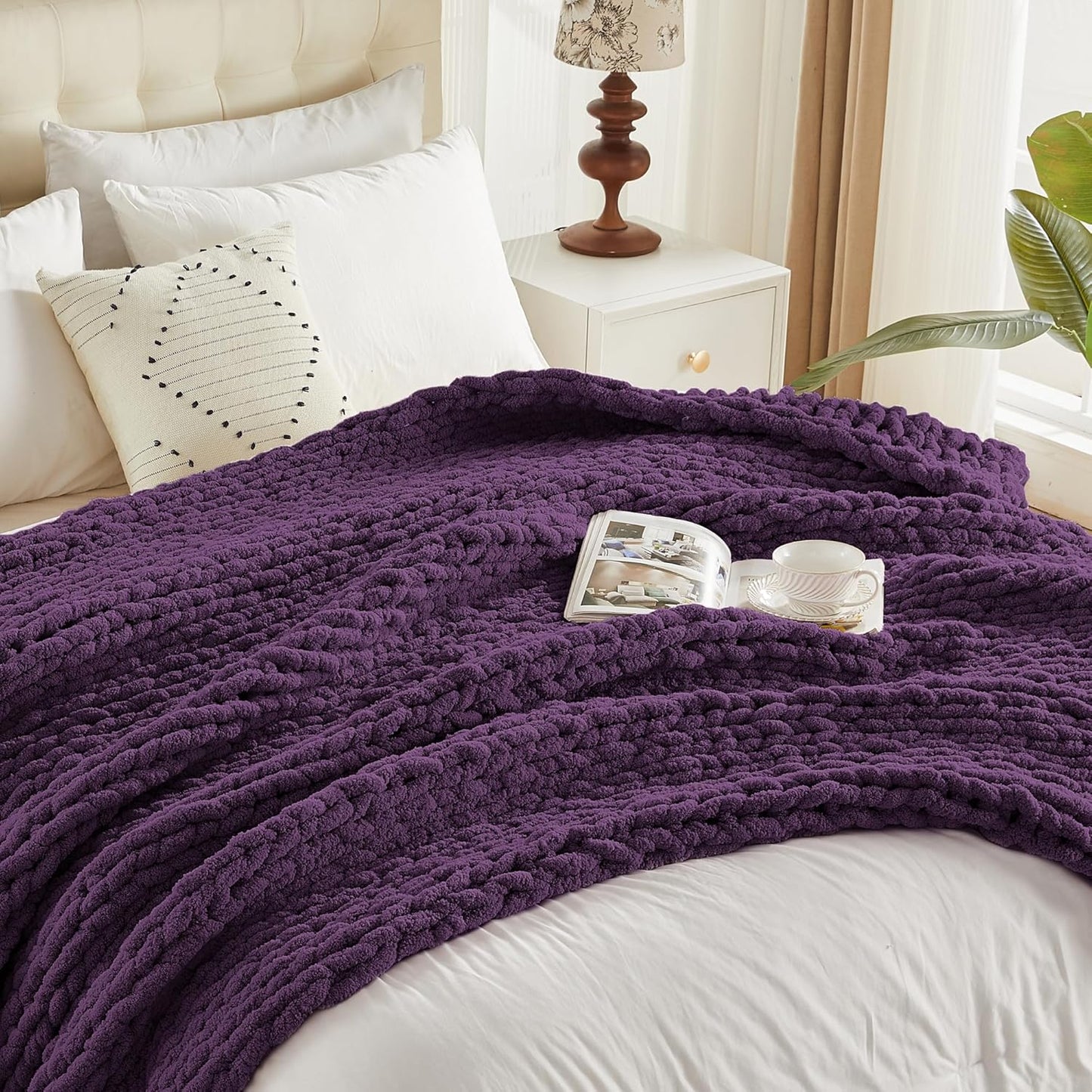 Carriediosa Chunky Knit Throw Blanket 50" X 60", 100% Hand Made Large Chenille Loop Yarn Soft Fluffy Throws for Couch Sofa Bed, Big Crochet Cozy Heavy Thick Cable Woven Blanket, Dark Purple