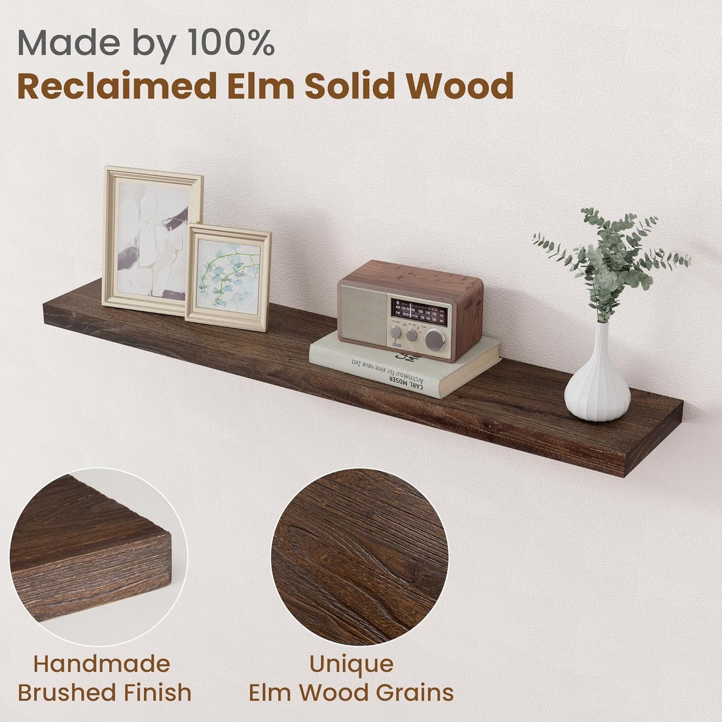 Floating Shelves for Wall Decor, 8 Inch Deep Rustic Solid Elm Wood Floating Shelves Wall Mounted, Wall Shelves with Invisible Bracket for Living Room Bathroom Bedroom Kitchen, 40 Inch Set of 1, Walnut