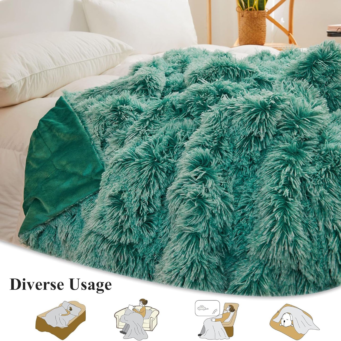 XeGe Luxury Fluffy Throw Blanket, Emerald Green Soft 50x60 Faux Fur Blanket Throw, Shaggy Plush Decorative Couch Blanket, Cute Furry Throw Fuzzy Blanket for Sofa Bed, Ombre Emerald Green