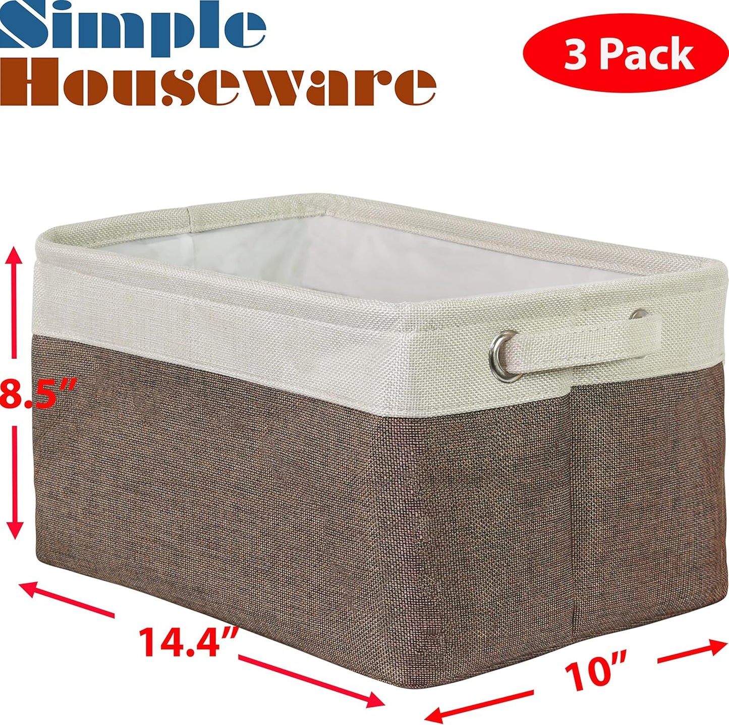 SIMPLE HOUSEWARE Large Fabric Storage Bin, 14.4" x 10" with Handles, 3-Pack, Foldable Organizer for Closet and Shelf, Brown
