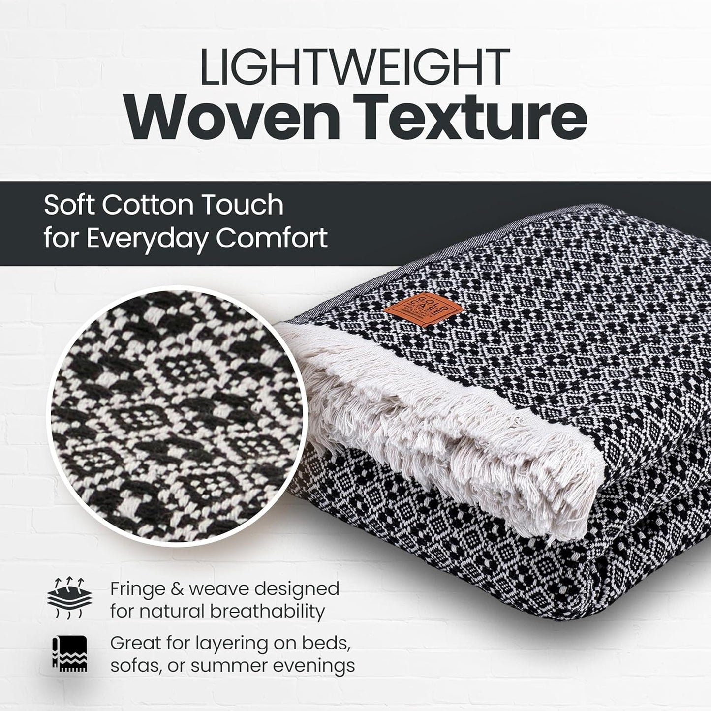 Gold Case Throw Blanket for Bed – 100% Recycled Turkish Cotton Bed Blanket – Decorative Throw Cotton Blankets for Living Room & Bedroom – Woven Twin Blankets - 71x90 - Black