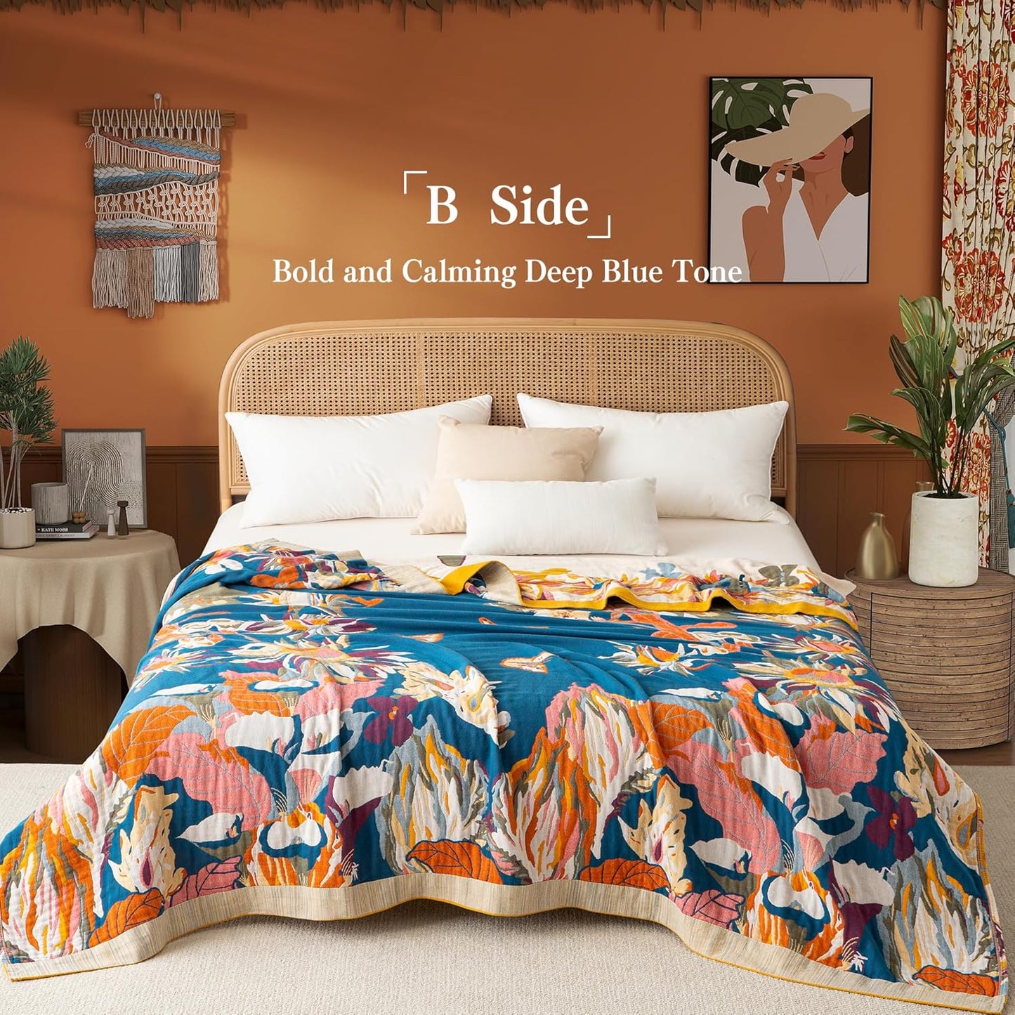 Boho Throw Blanket Full Size, Extra Large Soft Cozy Cotton Muslin Quilt Blanket for Bed Decor, Floral Patterned Couch Sofa Chair Cover, Vintage Farmhouse Cottage Woven Blanket, Yellow&Blue