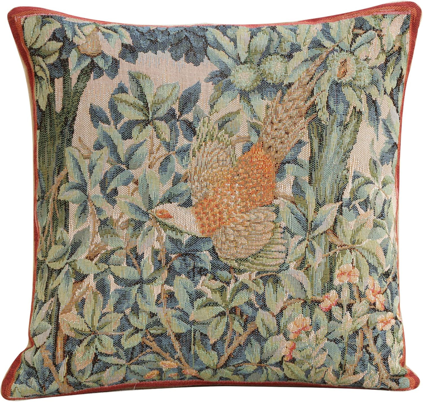 Charlotte Home Furnishings Decorative Tapestry Pillow Cover 14x14 in, Green Pheasant Couch Throw Pillow Cover, French Country Square Cushion Cases for Bed Room Home Decor, Soft Cotton Jacquard Woven