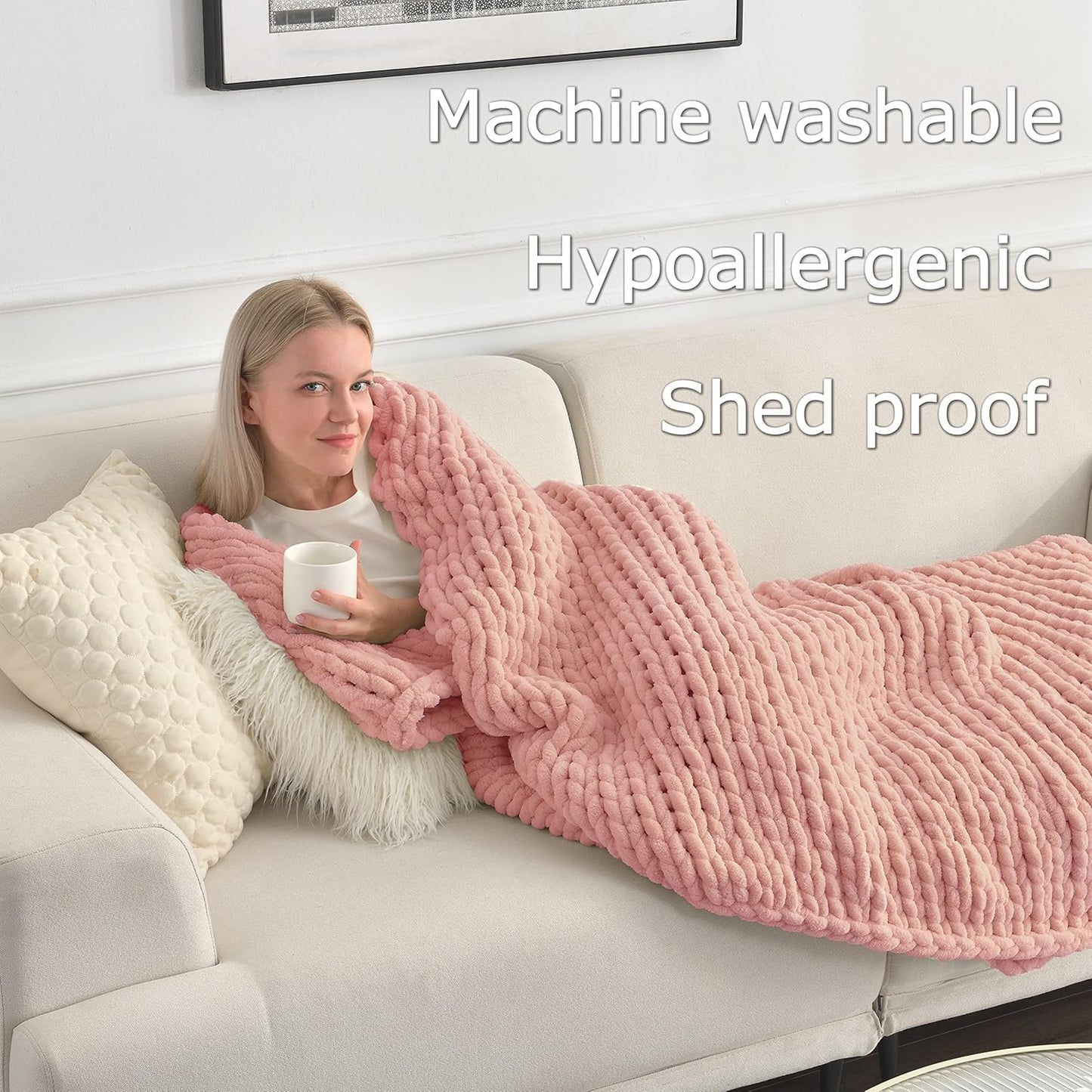 Maetoow Tighter Version Chenille Chunky Knit Blanket Throw 40×50 Inch, Handmade Warm & Cozy Blanket Couch, Bed, Home Decor, Soft Fleece Banket, Boho Thick Blankets and Giant Yarn Throws，Rose Pink