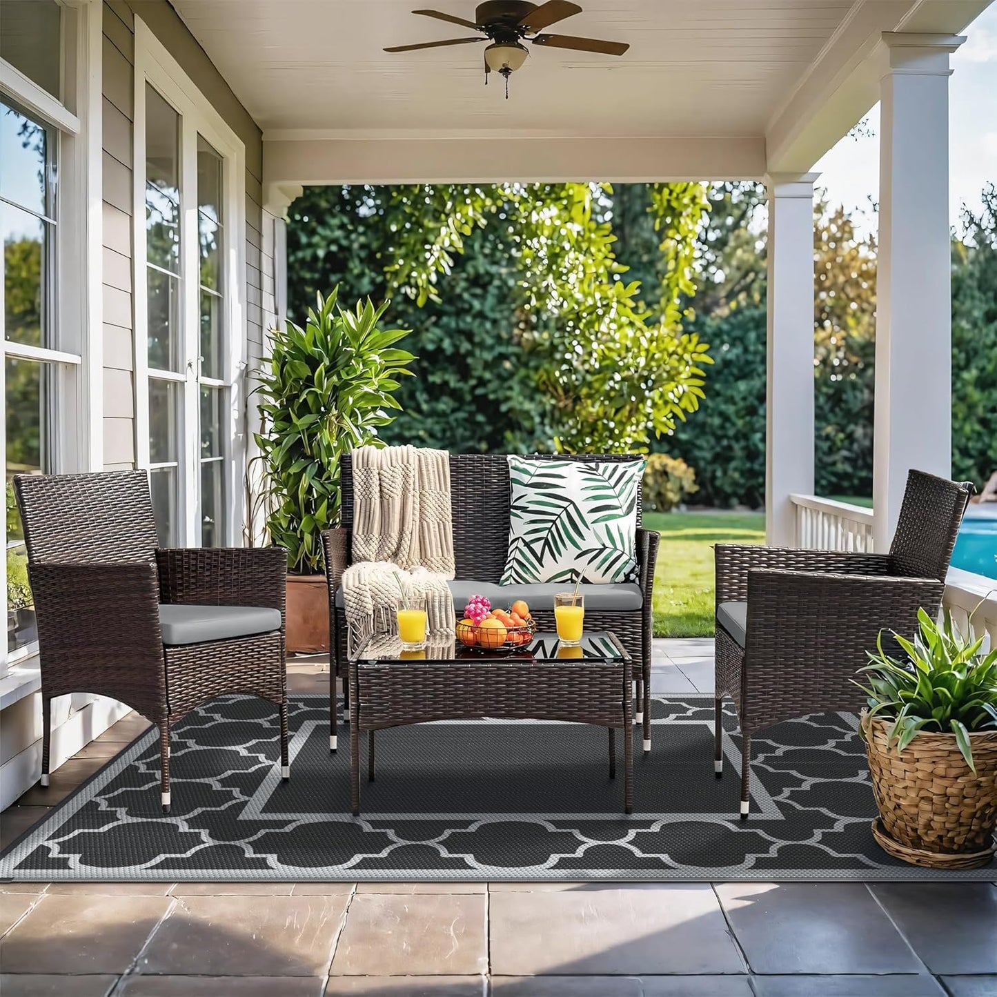 GENIMO 8' x 10' Outdoor Rug Patio Waterproof, Reversible Plastic Straw Area Rugs Mat for Camper Decor, Outside Carpet for Camping, Rv, Deck, Porch, Picnic, Beach, Balcony, Black & Grey