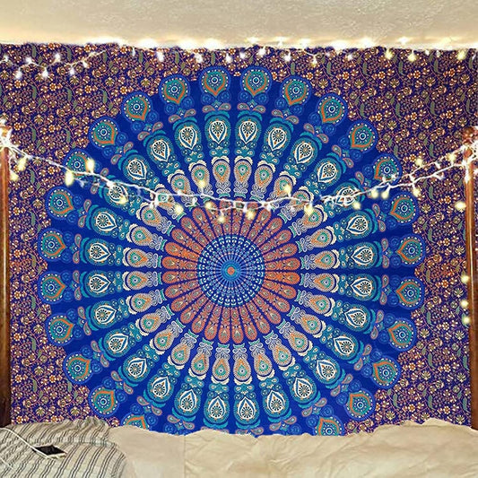 raajsee Blue Turquoise Tapestry- Best Mandala Wall Hanging- Bedding Tapestry For Bedroom Aesthetic-Size QUEEN 210 X 220 CMS