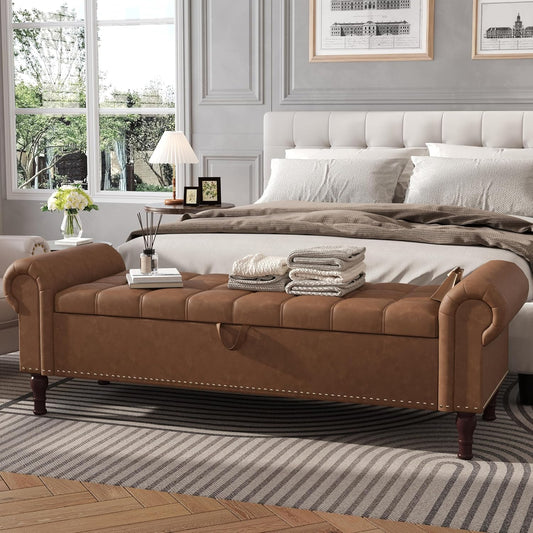 Apicizon 60”Ottoman with Storage, Queen Size End of Bed Storage Bench with Tufted Button, Upholstered Sitting Bench for Front Door Entrance,Bedroom,Dining Room, Entryway，Vintage Brown