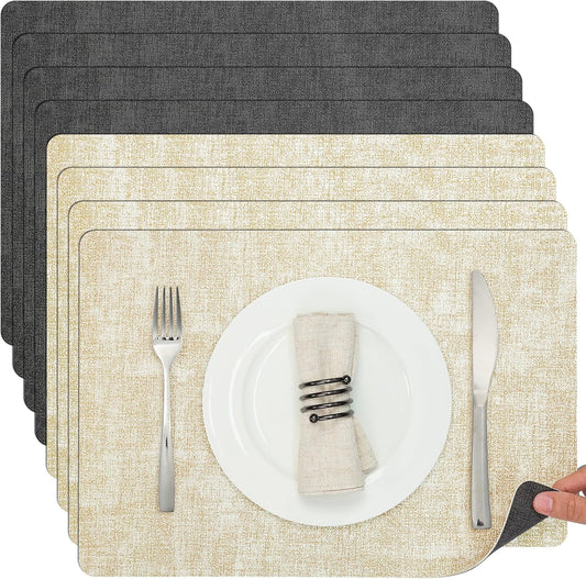 Myir JUN Placemats Dual Sided, Faux Leather Place Mats Set of 8 Indoor Placemats for Dining Table Non-Slip Washable Placemats Heat Resistant Outdoor Table Mats (Set of 8, Gray Cream)