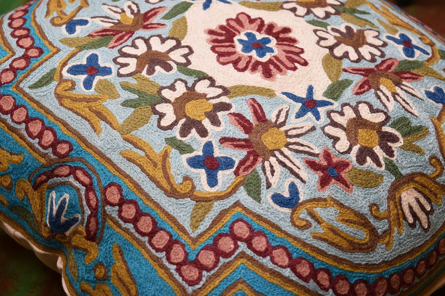 Turquoise Floral Pillow Cover Traditional Blue Flower Pillowcase Traditional Outdoor Cushion Suzani Flower Throw Florals Chair Farmhouse Hand Embroidered Cushions Wool 18x18 Inch