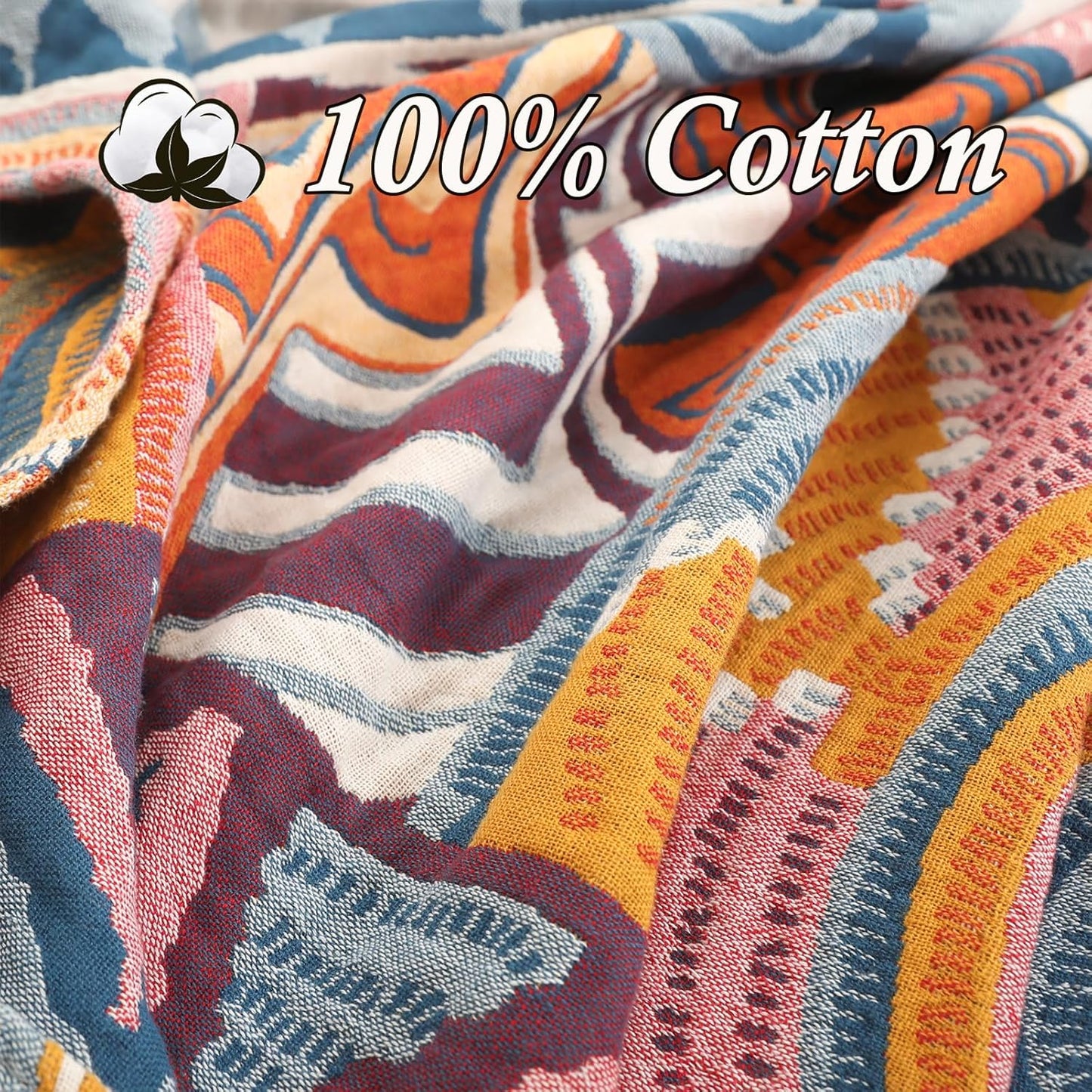 Snycler Boho Throw Blanket for Bed - 100% Cotton Ultra Soft Rustic Quilt Fall Blanket - Orange Floral Printed Farmhouse Decor Bed Blankets, 80"×90" All Season Rustic Throw for Sofa Couch Chair