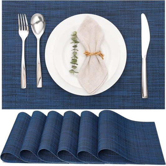 Myir JUN Placemats Set of 6, Vinyl Woven Placemats Place Mats Indoor Washable Table Mats Non-Slip Place mats for Dining Table (Dark Blue, Set of 6)