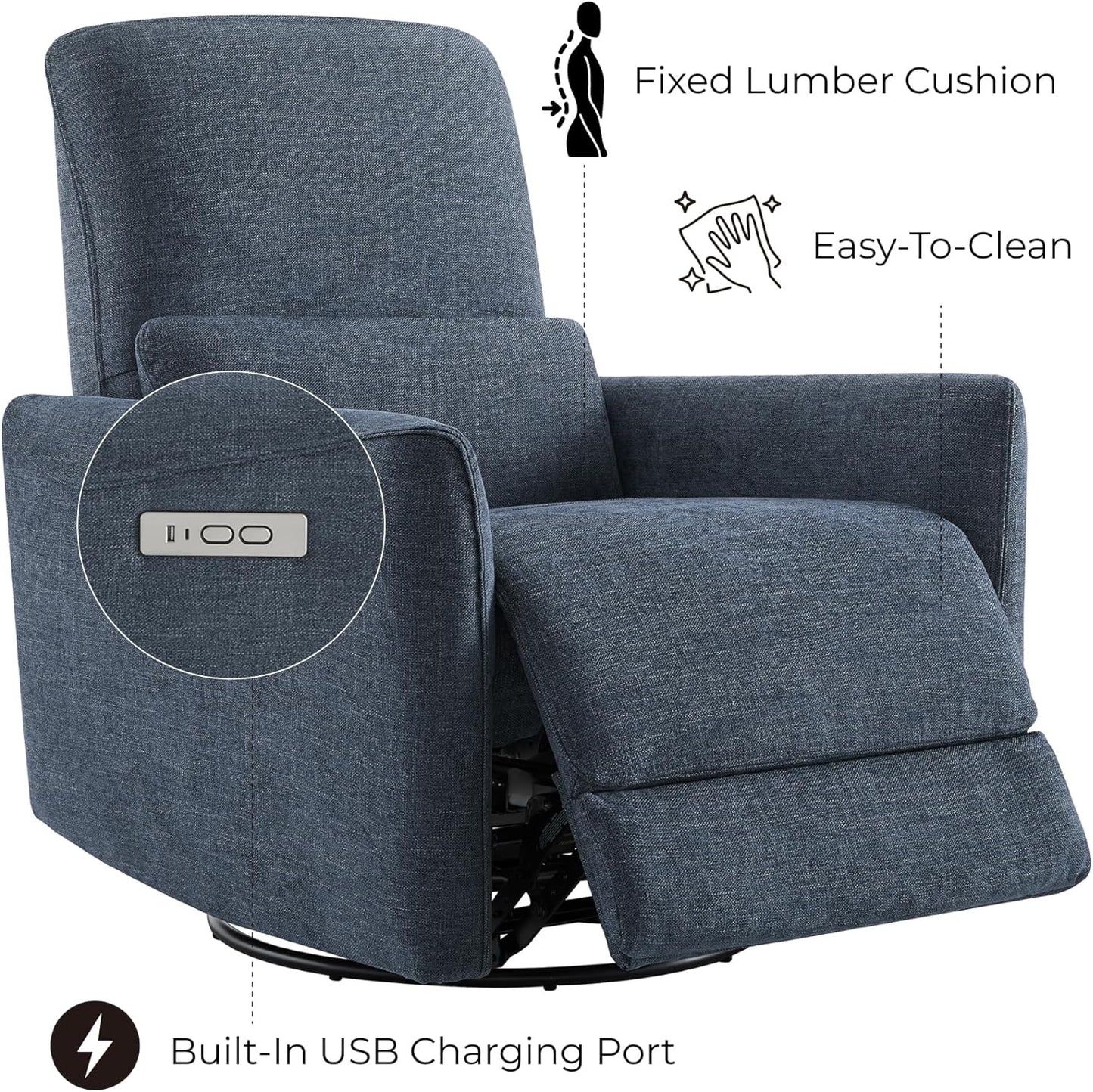 CHITA Power Recliner Chair Swivel Glider, FSC Certified Upholstered Fabric Living Room Nursery Reclining Sofa Chair with Lumbar Support, Ink Blue
