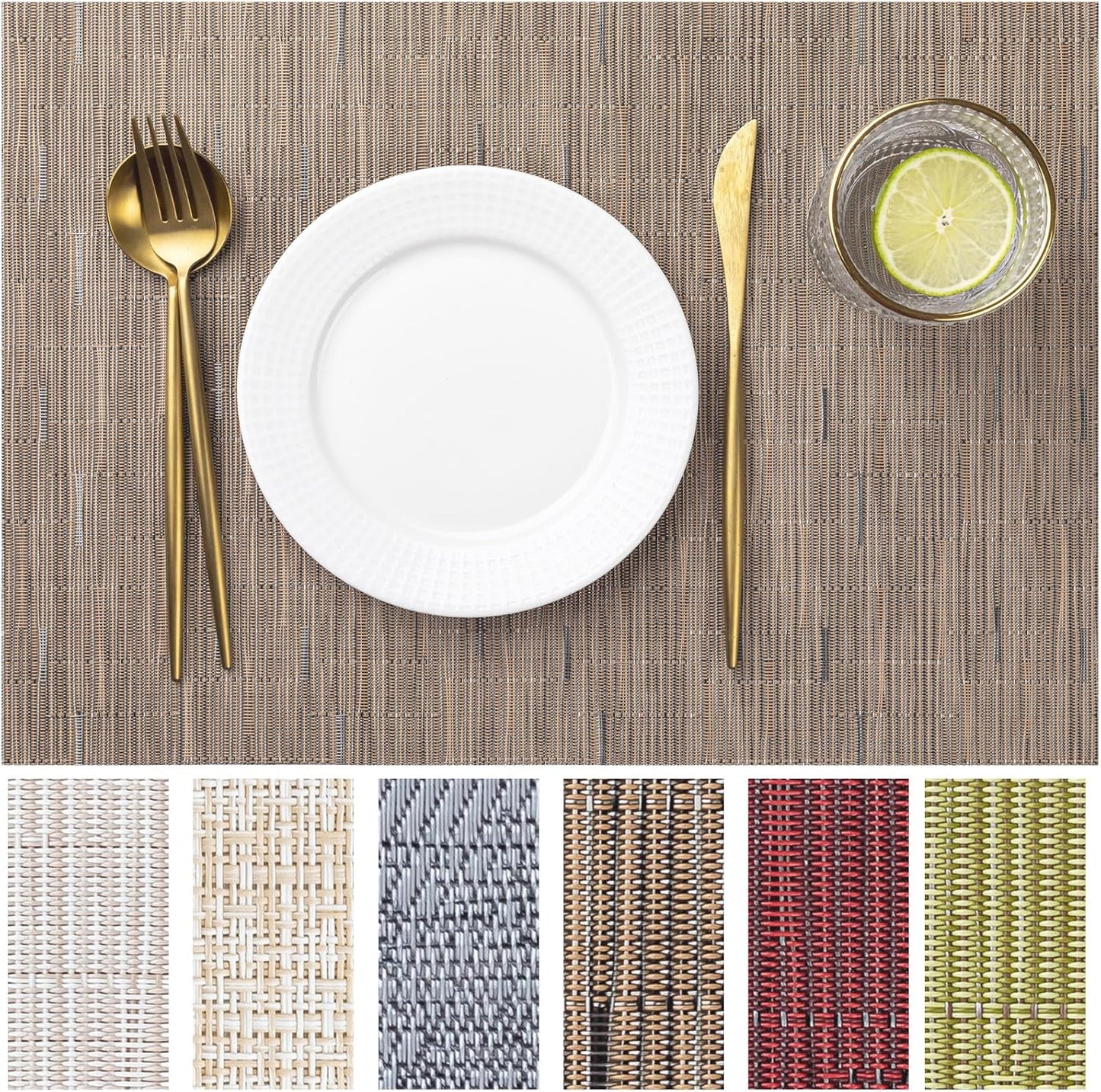 LEXMORE Placemats Set of 8 Vinyl/Plastic Woven Place Mats for Kitchen Table Indoor/Outdoor Washable Placemat Wipeable Dining Table Mats(Light Brown)