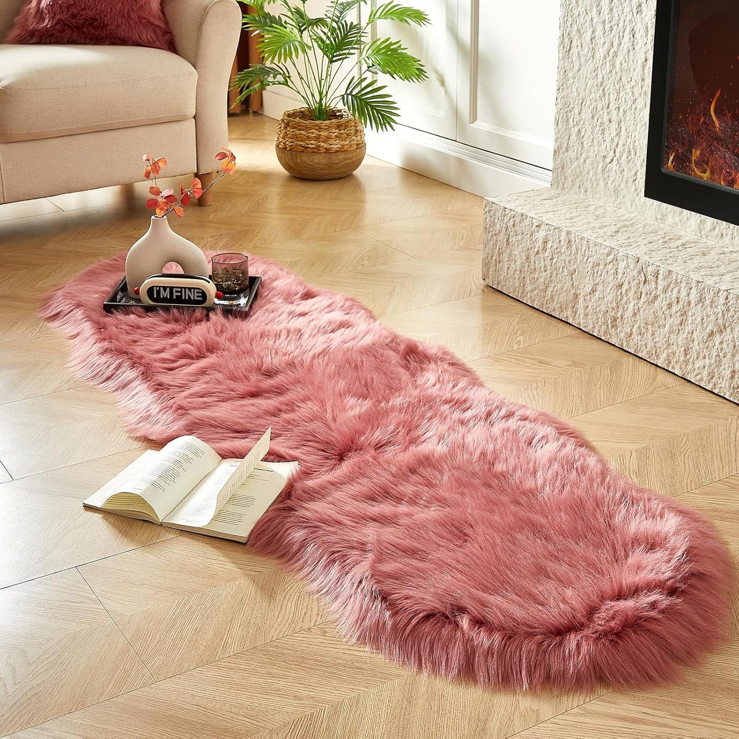 AMTOVO Faux Sheepskin Rug, Blush Pink Ultra Soft Fluffy Shag Area Rug, 2 x 6 ft Faux Fur Rug for Bedroom Sofa Throw Cushion Room Decor, Sheepskin