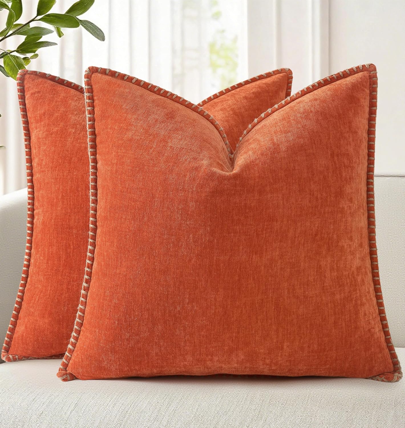 decorUhome Fall Chenille Soft Throw Pillow Covers 18x18 Set of 2, Farmhouse Velvet Neutral Decorative Euro Pillow Covers with Stitched Edge for Couch Sofa Bed Home Decor, Rust