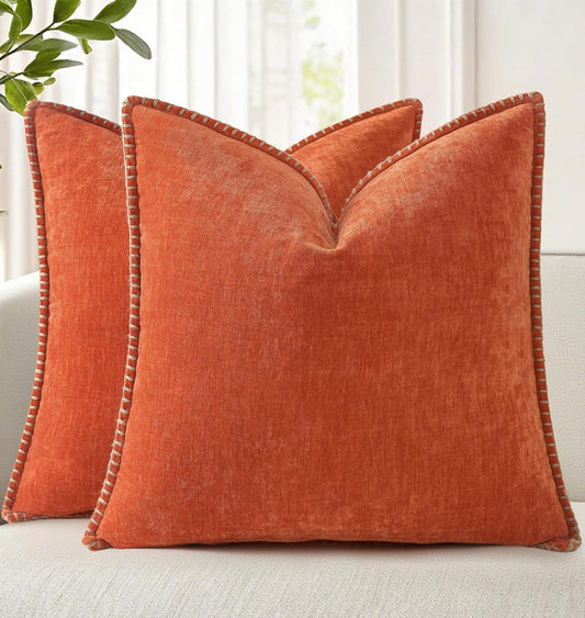 decorUhome Fall Chenille Soft Throw Pillow Covers 22x22 Set of 2, Farmhouse Velvet Neutral Decorative Euro Pillow Covers with Stitched Edge for Couch Sofa Bed Home Decor, Rust