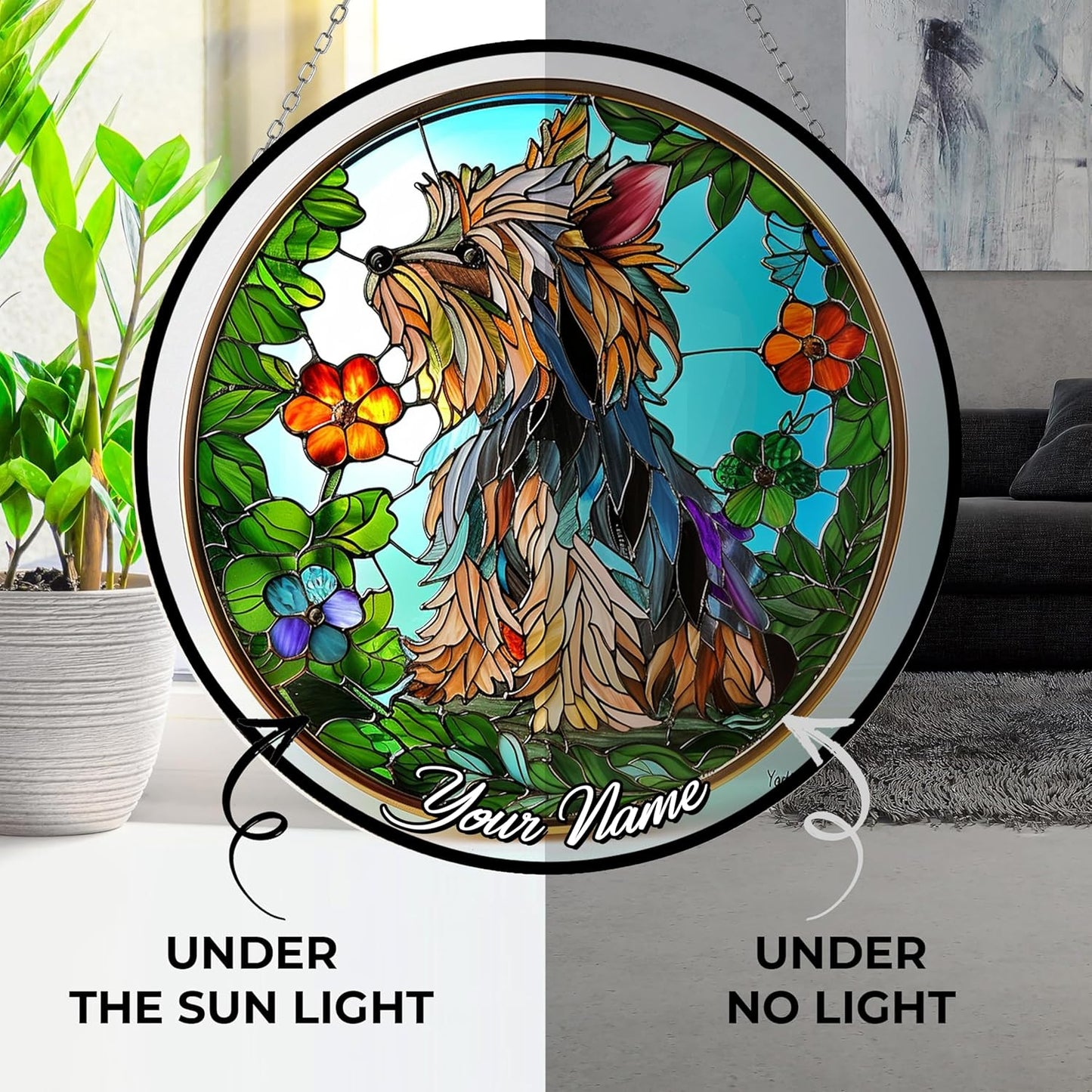 Customized Yorkie Stained Glass Suncather Window Hangings, Suncatchers Glass Panel Sun Catchers Gifts Home Decor Garden Christmas Halloween Wedding