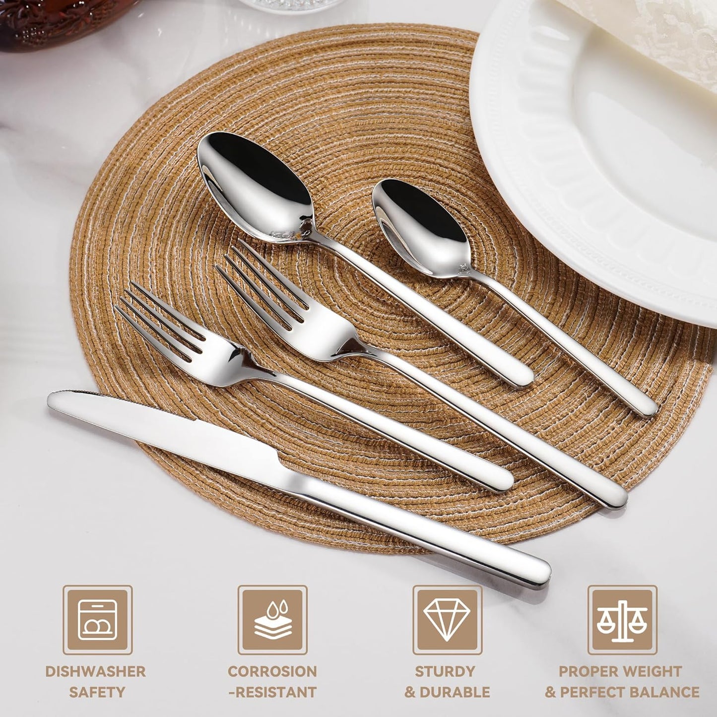 20 Piece 18/10 Stainless Steel Silverware, Rust Proof Flatware Set for 4, Heavy Duty Silverware Set, fork Spoon Knife Set, Dishwasher Safe