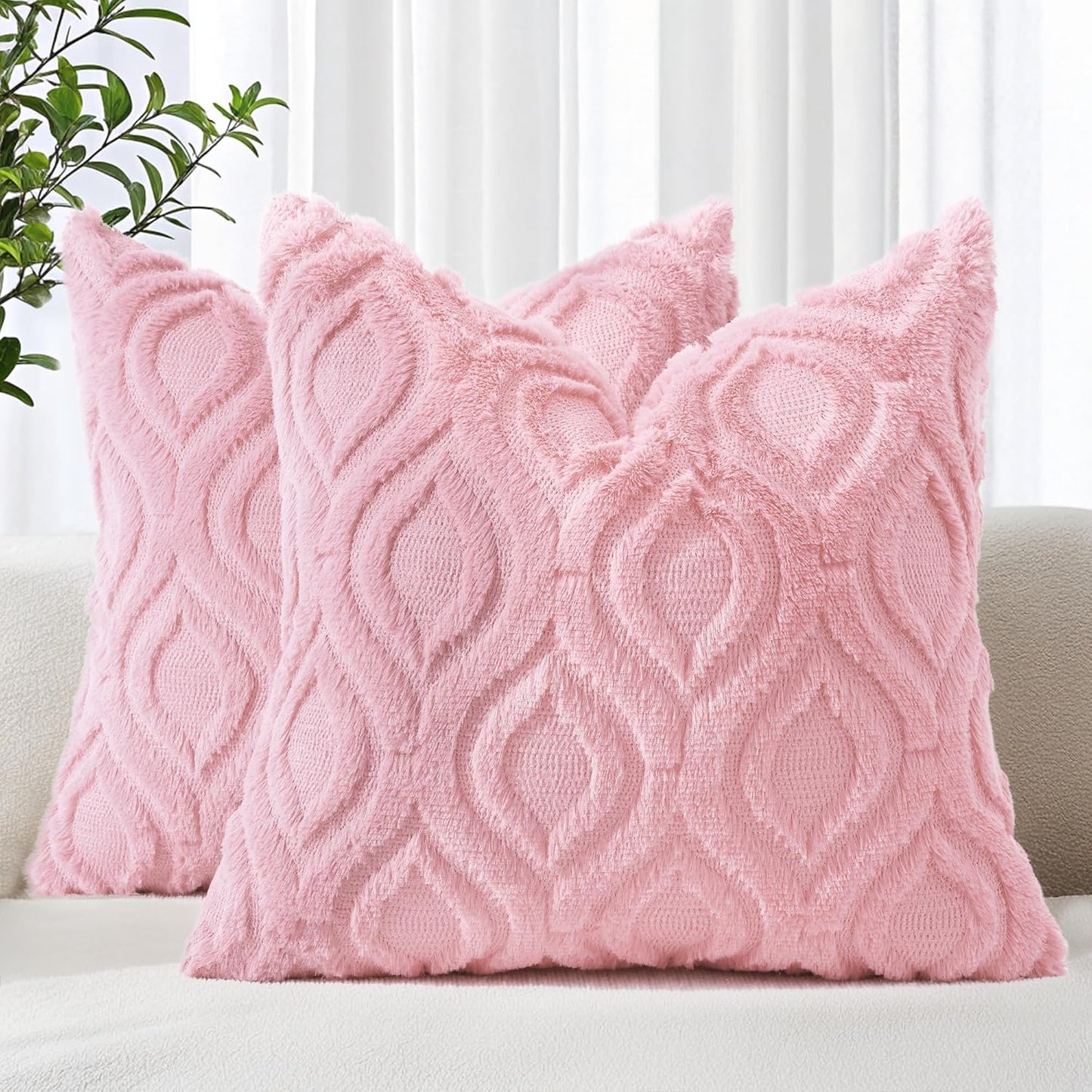 decorUhome Throw Pillow Covers 16x16 Inch Set of 2, Soft Plush Decorative Faux Fur Light Pink Solid Couch Pillow Covers, Accent Farmhouse Neutral Square Euro Pillow Cases for Sofa Bed Living Room