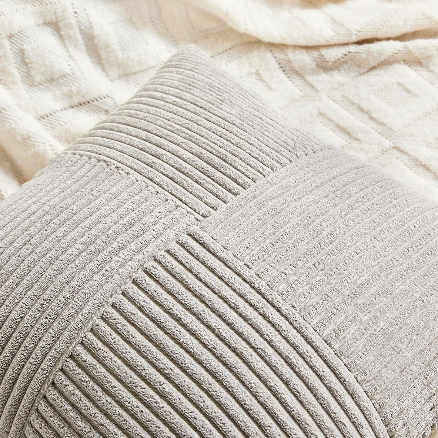 Fancy Homi 2 Packs Neutral Grey Decorative Throw Pillow Covers 18x18 Inch for Living Room Couch Sofa, Rustic Farmhouse Boho Home Decor, Soft Corss Corduroy Patchwork Textured Square Cushion Case 45cm