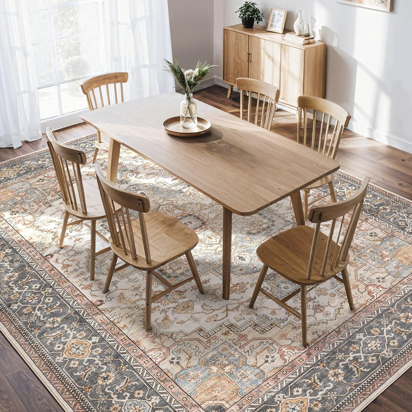 Washable Area Rugs for Living Room - 5x7 Neutral Vintage Distressed Floral Farmhouse Boho Large Soft Floor Rug Indoor Non Slip Carpet for Bedroom Dining Room Office - Forest Green Orange