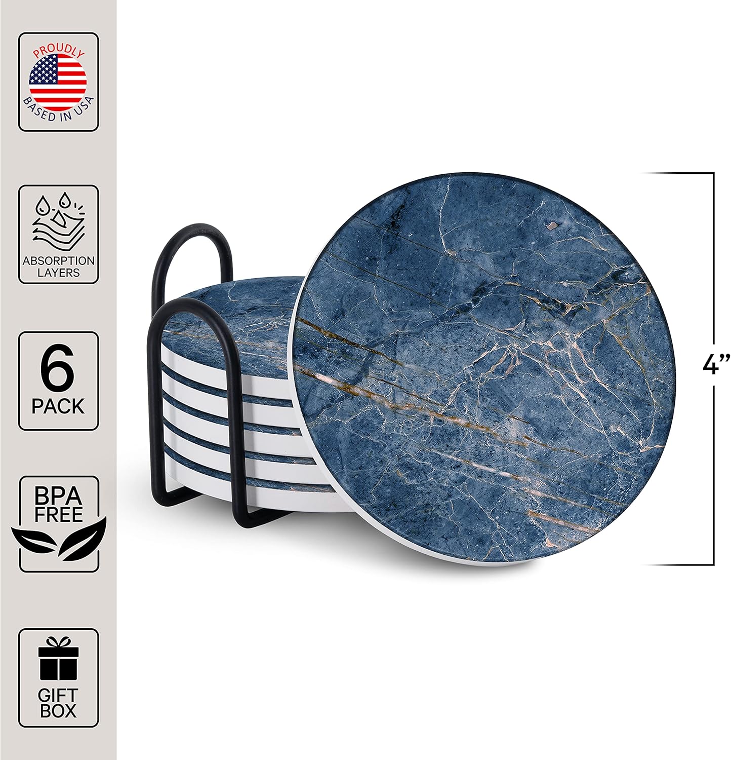 Emerson Coasters for Drinks Absorbent – Natural Stone Drink Coasters Set with Holder, Coasters for Coffee Table, Wooden Tabletop Protection Marble Style – 100% Heavy Duty Set of 6 (Ocean)