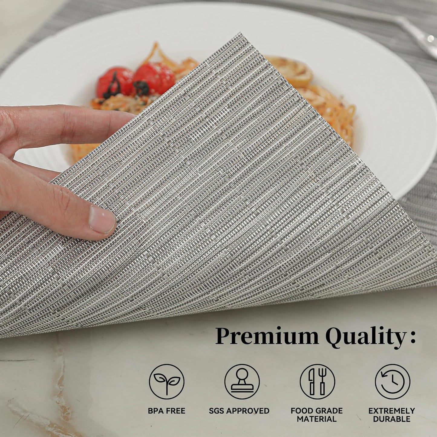 Leetaltree Silver Placemats Set of 8 - Heat Resistant Non-Slip Place mats for Dining Table, Washable Durable PVC Vinyl Woven Table Mats（Silver, 8）