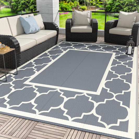 GENIMO 5 ' x 8 ' Outdoor Rug for Patio, Waterproof Indoor Outdoor Plastic Straw Rugs Carpet, Reversible Outside Area Mat for Camping, Balcony Porch, Deck, Picnic, Beach Grey & Beige White