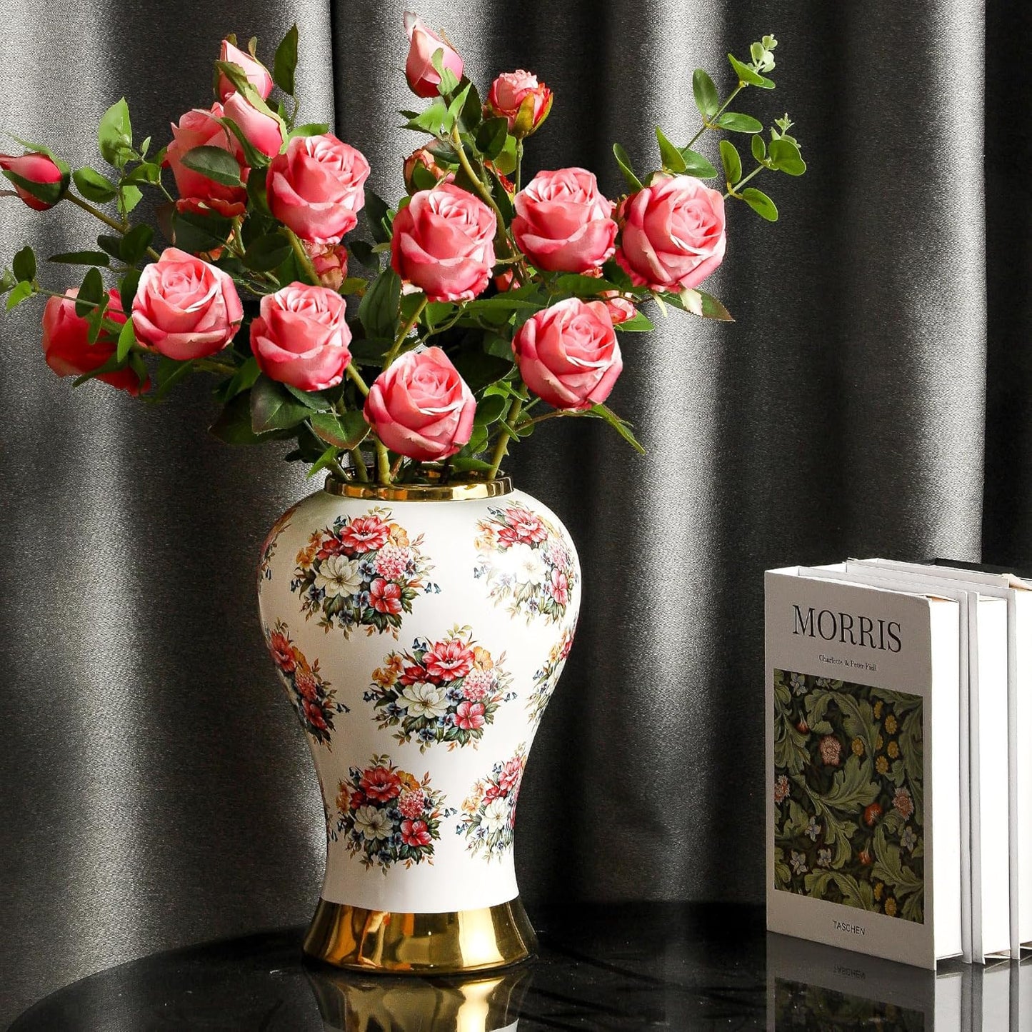 Ginger Jars for Home Decor, White Gold Ceramic Vase with Colorful Floral Pattern, Handmade Decorative Flower Vase with Lid for Home, Kitchen, Office, Table, Bookshelf, Mantle Fireplace,(18in)