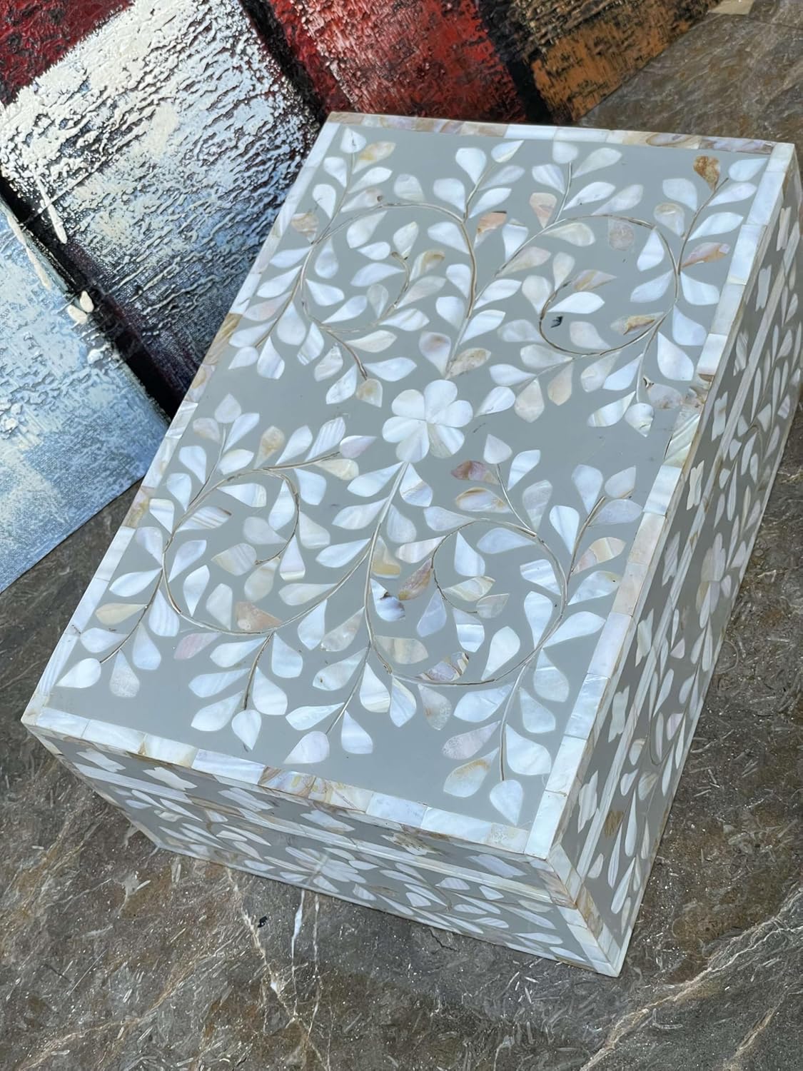 Decorative Wooden Storage Box with Mother of Pearl Inlay – Elegant Floral Design – Perfect for Home Décor in Living Room, Dining Area, or Bedroom (Grey, 9x6x3.5 inch)