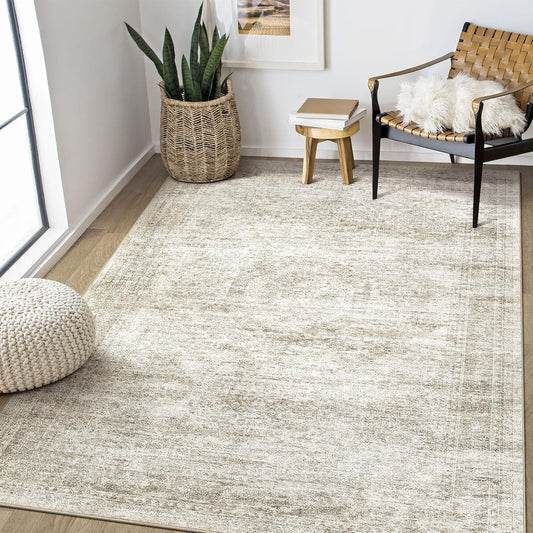 Washable Area Rugs for Living Room -5x7 Neutral Vintage Distressed Floral Farmhouse Boho Large Soft Floor Rug Indoor Non Slip Carpet for Living Room Bedroom Dining Room Office-Beige