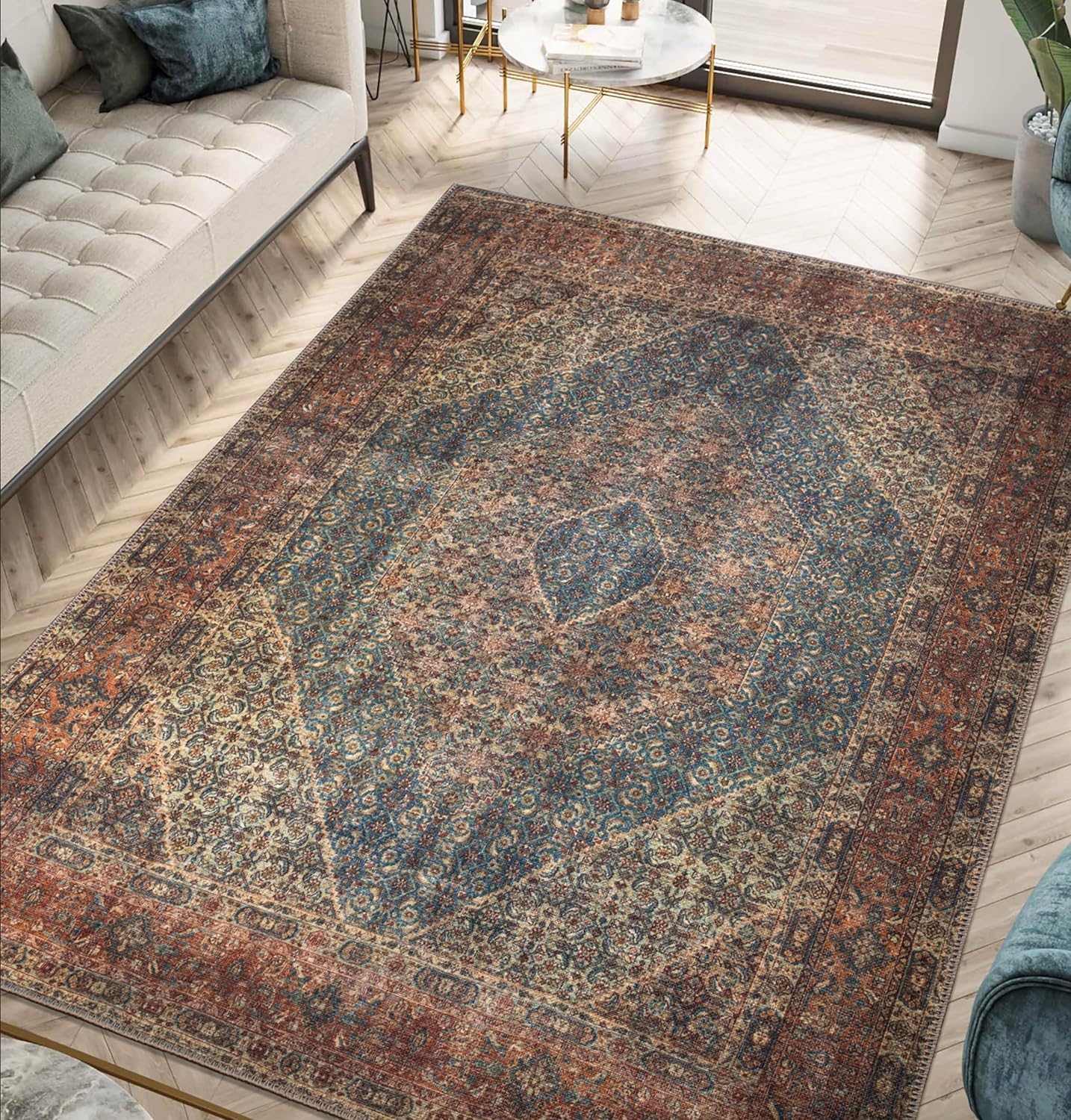 Keen Home Design 5x7 Rug - Machine Washable Area Rug with Non-Slip Backing, Ideal for Living Room, Dining Room, Bedroom - Vintage, Easy Clean, Durable, Low Pile Rug - (5' x 7')