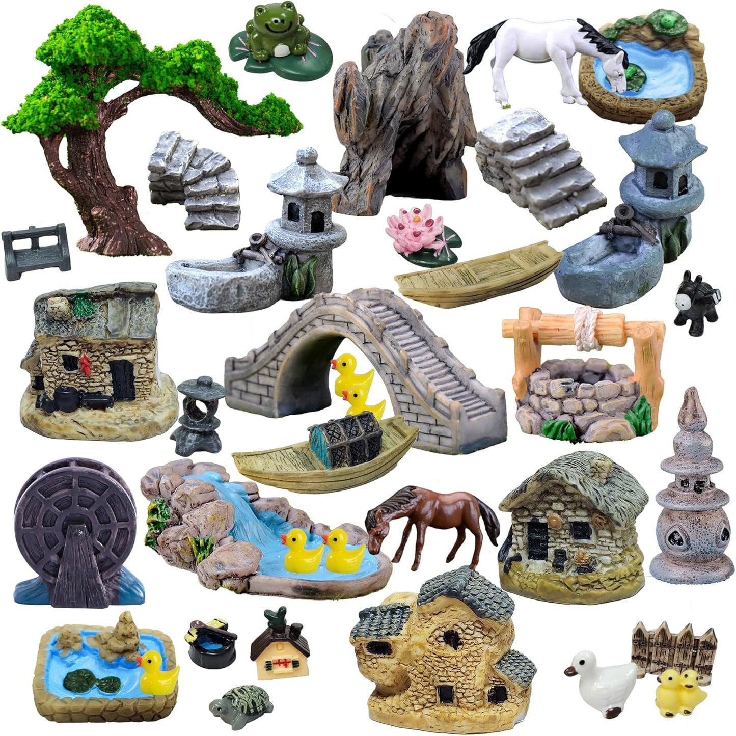 37PCS Fairy Garden Accessories, Miniature Nature Village Theme Fairy Garden Supplies for Outdoor, Mini Resin Animals House Bridge Pool Figurines Micro Landscape Succulent Plant Pots Terrarium Decor
