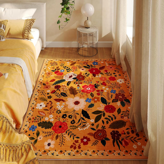 Bedroom Rug 3x5 Rug Washable Area Rug Non Slip Low Pile Boho Floral Small Carpet for Bedroom, Bedside, Kitchen, Entryway, Kids Room, Office, College Dorm Essentials for Girls(Yellow)