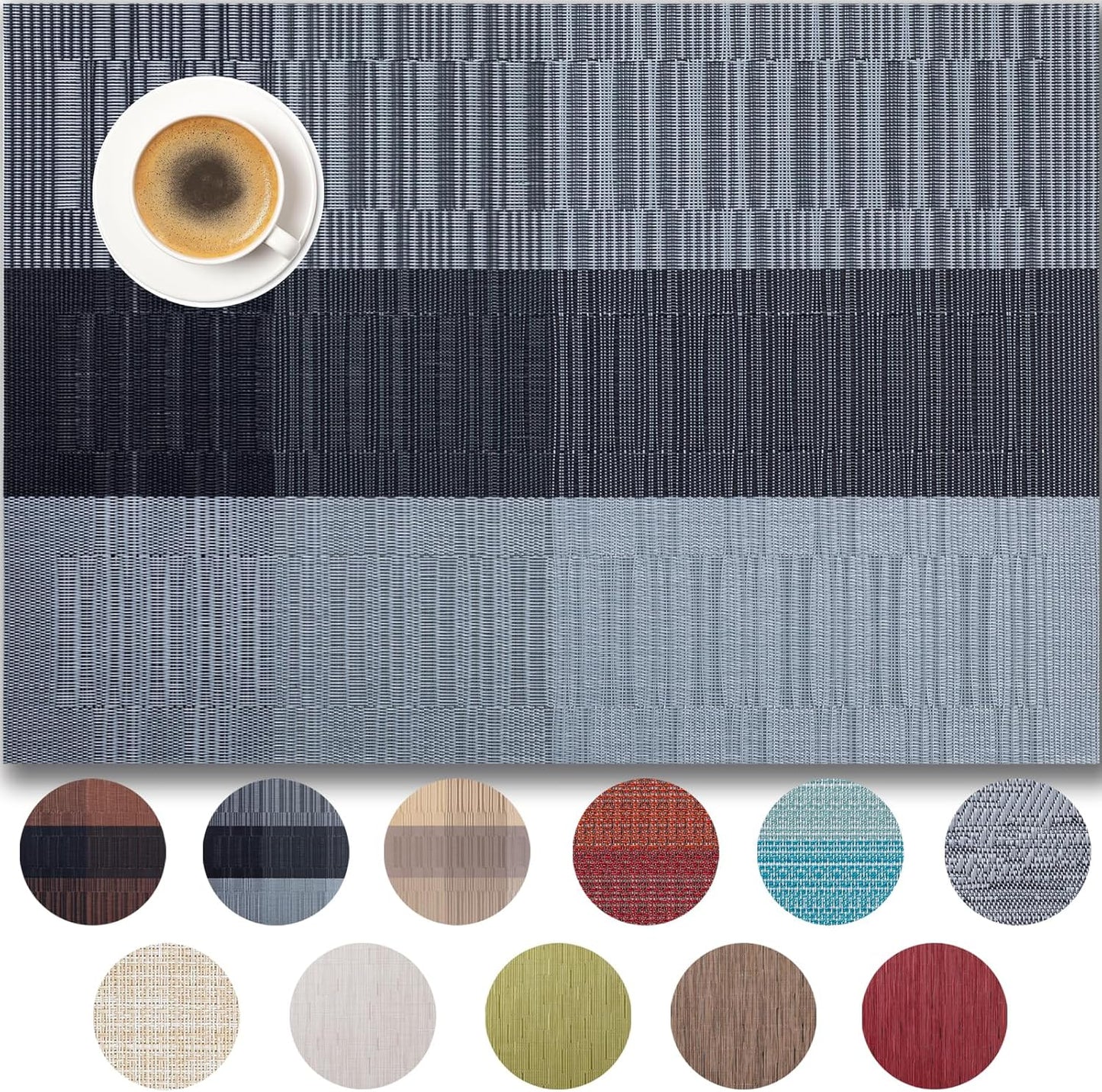 Placemats Set of 8 - Easy Clean Woven Vinyl Placemats for Dining Table, Indoor/Outdoor Place Mats, Washable PVC Table Mats （Silver Gray Black）