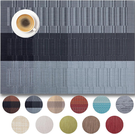 Placemats Set of 4 - Easy Clean Woven Vinyl Placemats for Dining Table, Indoor/Outdoor Place Mats, Washable PVC Table Mats （Silver Gray Black）