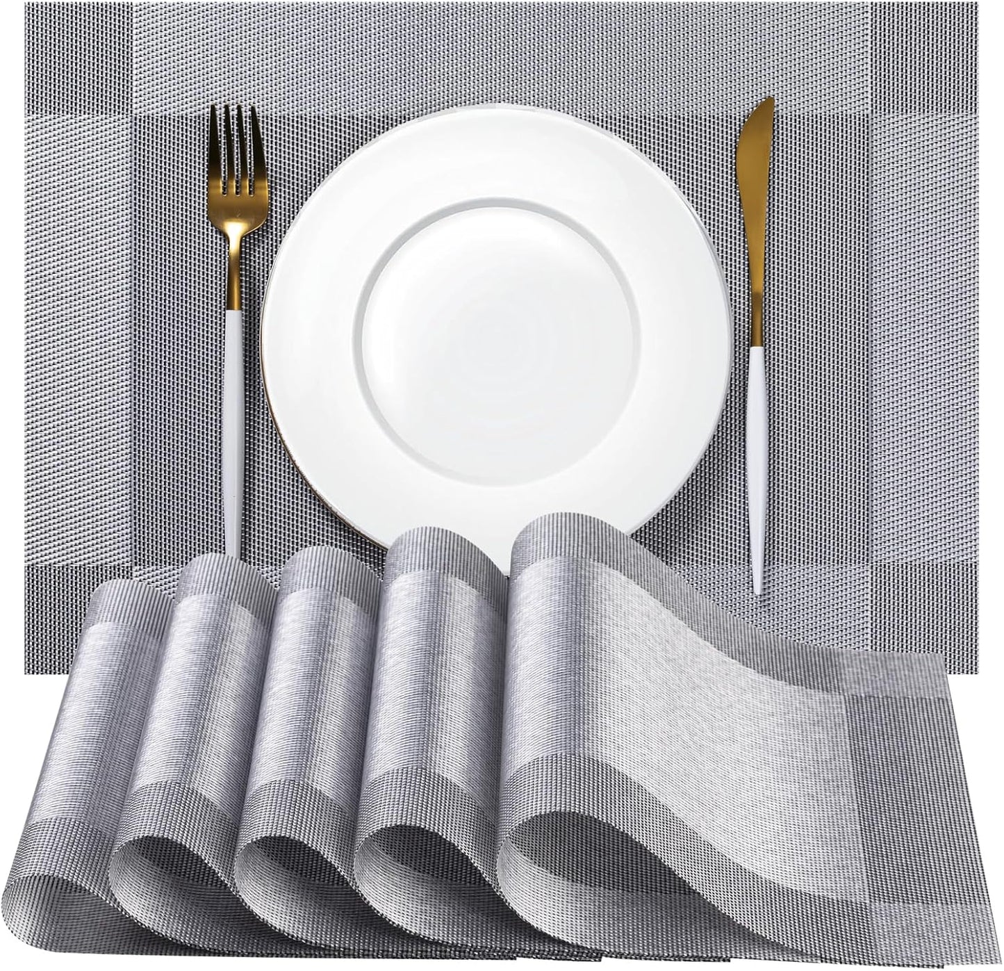Placemats Set of 12 - Easy Clean Woven Vinyl Placemats for Dining Table, Indoor/Outdoor Place Mats, Washable PVC Table Mats （Silver Cube）