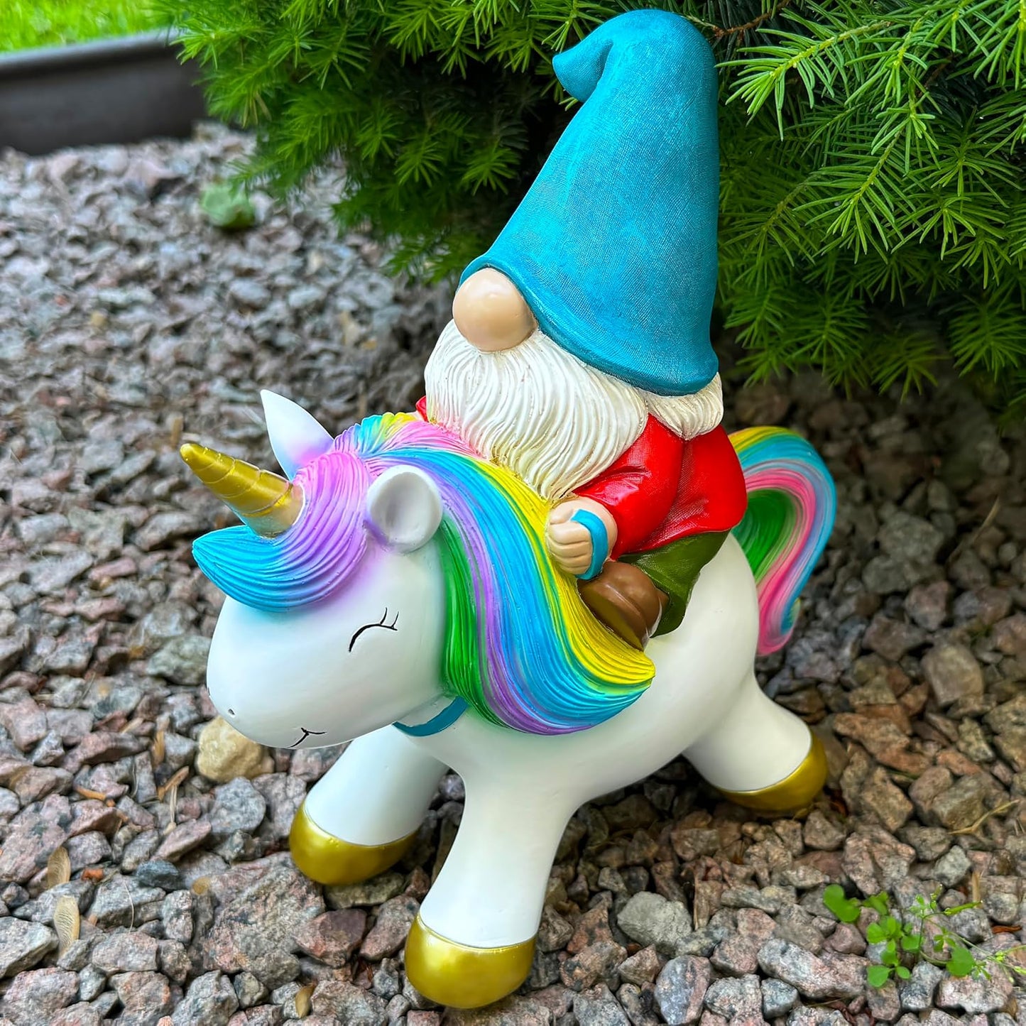 Mood Lab Garden Gnome Statue - Garden Gnome Riding Unicorn - 8.3 Inch Tall Lawn Figurine - for Outdoor or House Decor - Funny Yard & Patio Decoration