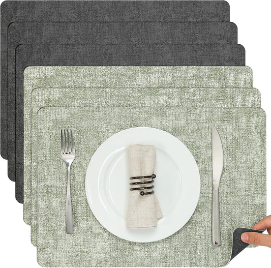 Myir JUN Dual Sided Placemats, Faux Leather Set of 6 Indoor/Outdoor Square Non-Slip Washable Table Mats (Gray Grass Green)