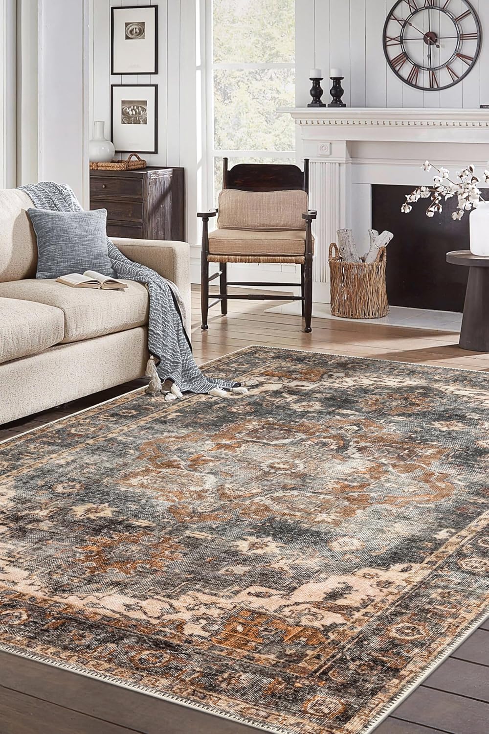 Keen Home Design 8x10 Rug - Machine Washable Area Rug with Non-Slip Backing, Ideal for Living Room, Dining Room, Bedroom - Vintage, Easy Clean, Durable, Low Pile Rug - (8' x 10')