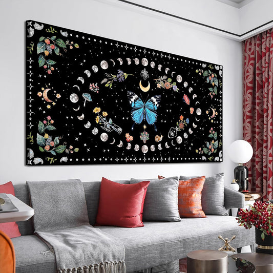 Canvas Wall Art Prints Blue Boho Wall art Decor Abstract Canvas Art Wall Decor Wall Pictures for Living Room Vintage Butterfly Wall Art Moon Flower Large Artwork for Walls Home Room Decor 24"X48"