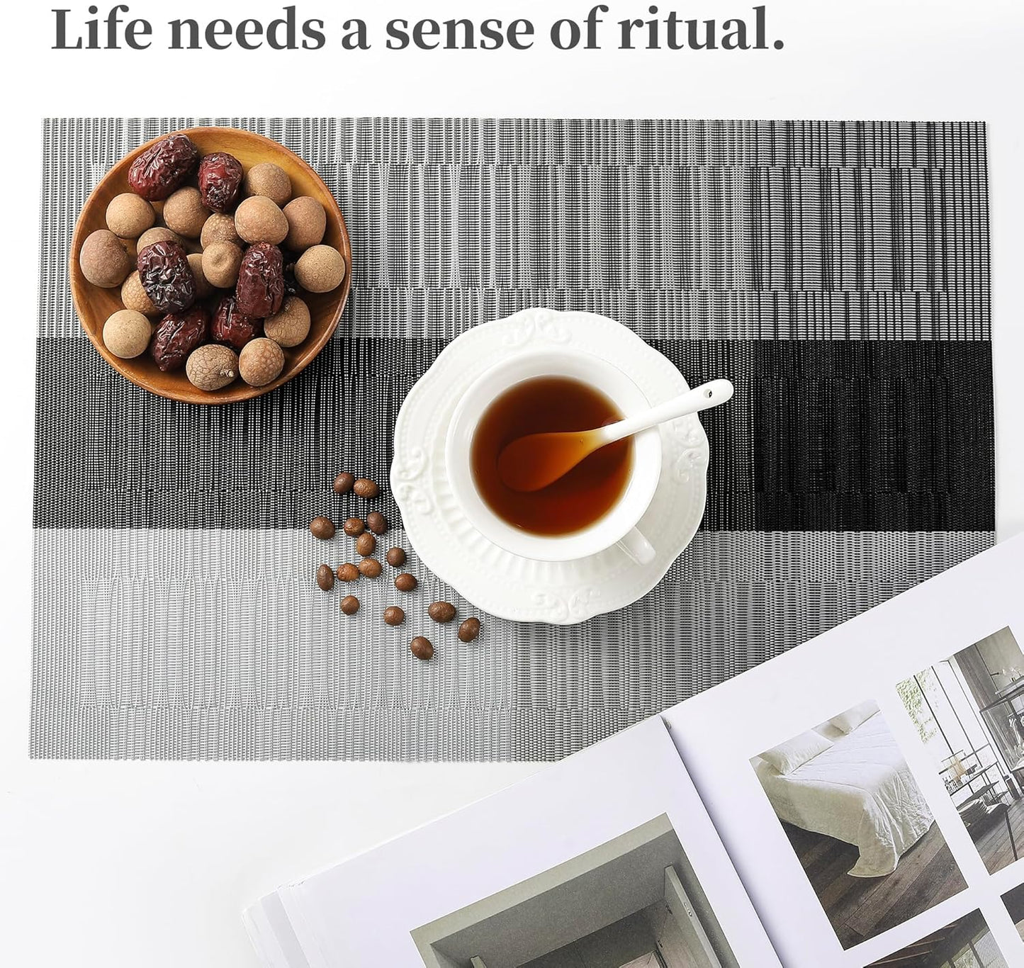 Leetaltree Grey with White Striped Placemats Set of 8 - Heat Resistant Non-Slip Place mats for Dining Table, Washable Durable PVC Vinyl Woven Table Mats（Grey Stripe, 8）