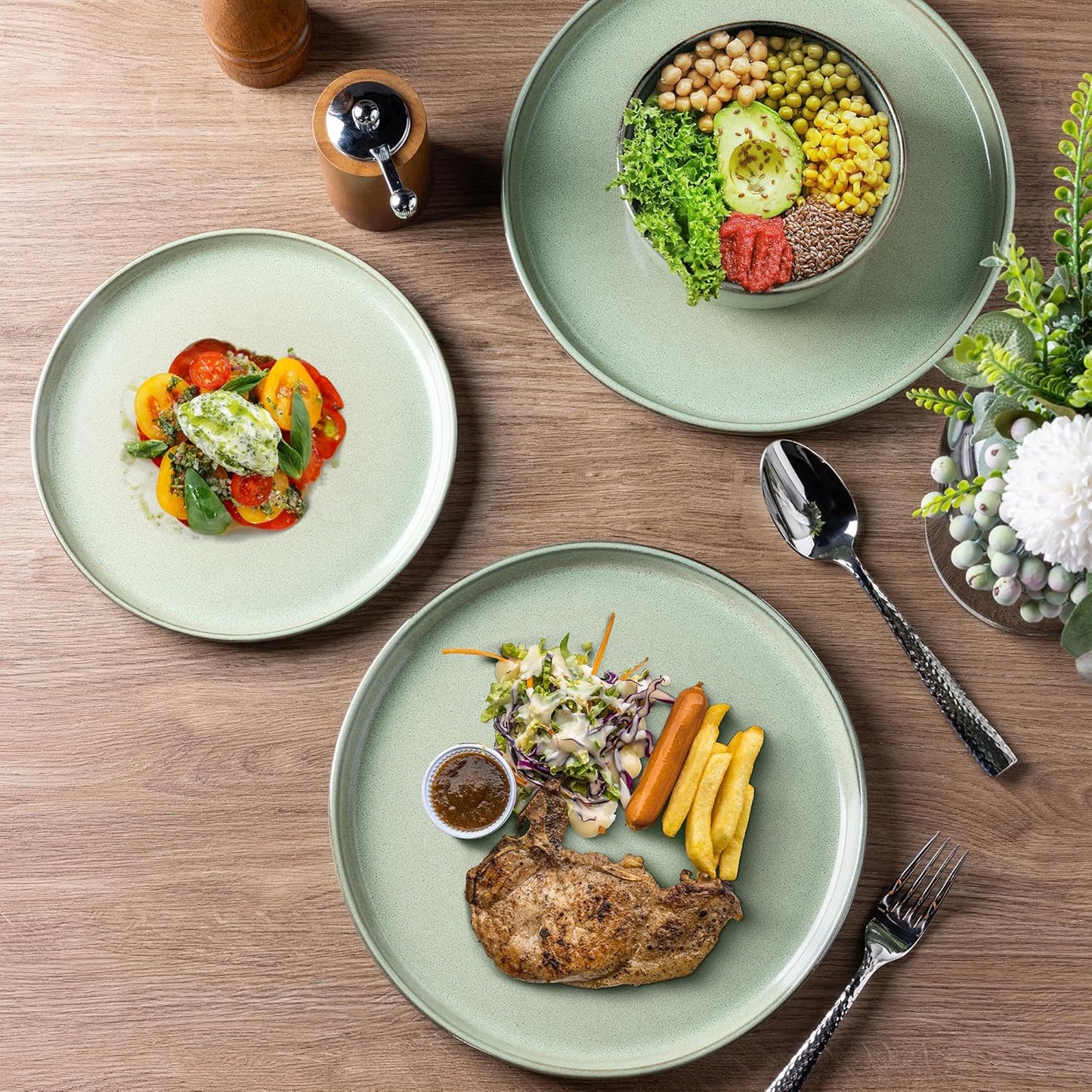 GBHOME Ceramic Dinnerware Sets for 4, 12 Pieces Stoneware Plates and Bowls Sets, Scratch Resistant Dishes, Dishwasher & Microwave Safe-Pastel Green